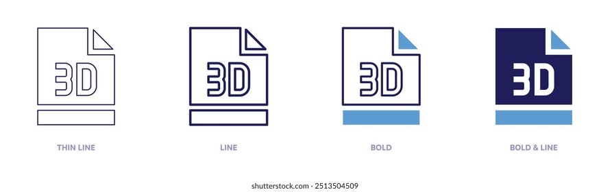 Icono de archivos 3D en 4 estilos diferentes. Línea delgada, línea, negrita y línea negrita. Estilo duotono. Trazo editable.