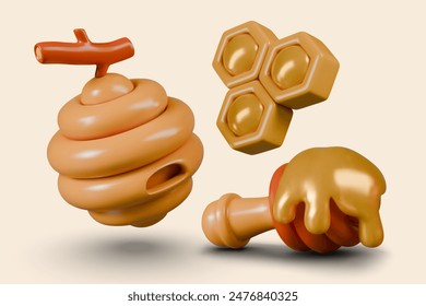 3D filled hexagonal honeycombs, honey dipper with sticky liquid, nest of wild bees on branch