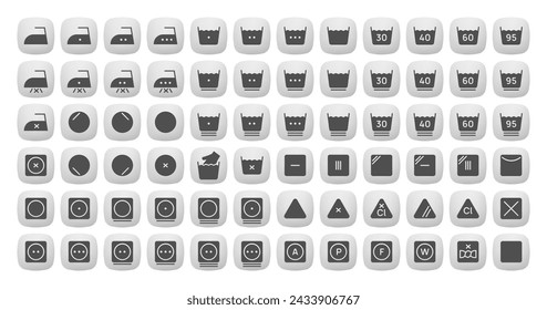 3D filled laundry icons set vector illustration design. Collection of washing symbols, bleaching, ironing, drying.