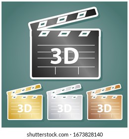 3D film sign. Set of metallic Icons with gray, gold, silver and bronze gradient with white contour and shadow at viridan background. Illustration.