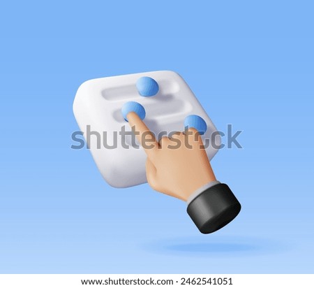 3D filter button and hand isolated. Render settings slider symbol. Control interface with slider bars selector. Media digital panel for balanced settings. Realistic vector illustration