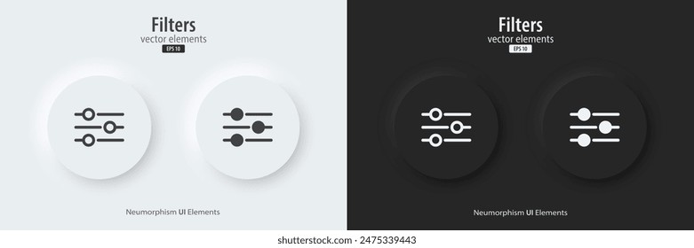 3D Filter icon. A set of black and white round buttons with Filter symbol. Icon in trendy neumorphic style for apps, websites, and interfaces.  UI UX element. Vector illustration.