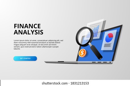 3d finance analysis concept with 3d laptop computer with data chart with magnifying glass