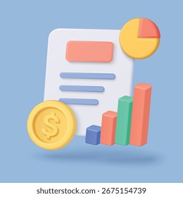 3D finance chart with document, pie graph, bar graph, and dollar coin for campaign budget planning, business analytics, and marketing strategy concepts vector illustration
