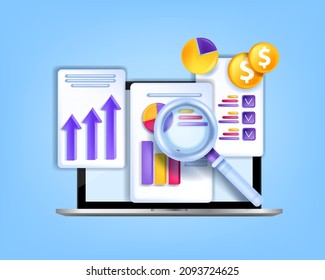 3D Finance Data Analysis Concept, Vector Business Research Report, Laptop Screen, Document Files, Chart. Accounting Development Marketing Plan, Web Site Diagram, Digital Graphic. 3D Statistic Analysis