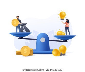 3D finance idea investment concept. People invest in startup. Man and woman balancing on scales with sack of coins and light bulb creative solution. Profit and economy 3D concept vector illustration