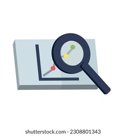 Icono de análisis financiero 3d, lupa, ilustración vectorial sobre fondo blanco.