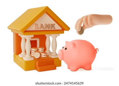 3d Financial and Banking Services Concept Cartoon Design Style. Vector illustration of Hand Putting Coin a Piggy Bank