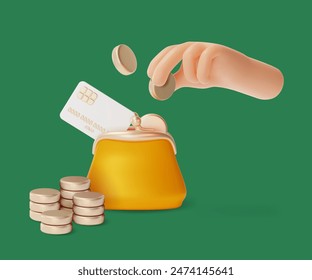 3d Financial and Banking Services Concept Cartoon Design Style. Vector illustration of Hand Putting Coin a Purse Wallet