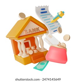 3d Financial and Banking Services Concept Cartoon Design Style. Vector illustration of Bank Building, Purse Wallet with Plastic Credit Card and Golden Coins