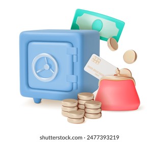 3d Financial and Banking Services Concept Cartoon Design Style. Vector illustration of Safe Box and Purse Wallet