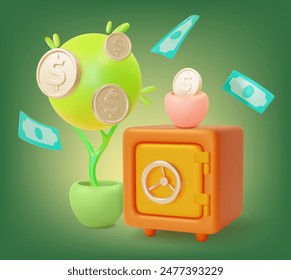 3d Financial and Banking Services Concept Cartoon Design Style. Vector illustration of Strongbox and Money Investment Tree with Golden Coins
