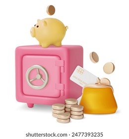 3d Financial and Banking Services Concept Cartoon Design Style. Vector illustration Piggy Bank, Safe Box and Purse Wallet