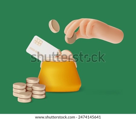 3d Financial and Banking Services Concept Cartoon Design Style. Vector illustration of Hand Putting Coin a Purse Wallet
