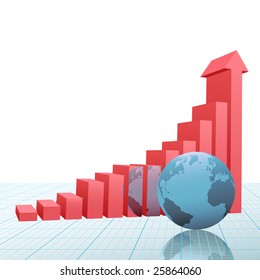 A 3D Financial Bar Chart on graph paper with up arrow predicting success and growth and earth reflected.