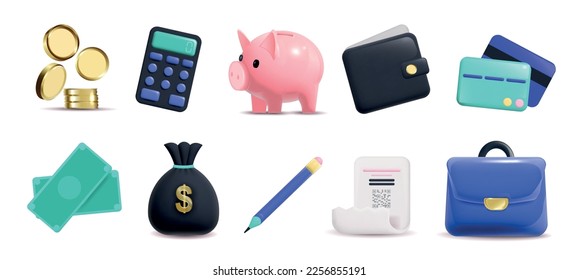 3d financial budget money set of ten isolated icons with piggy box cash wallet and suitcase vector illustration