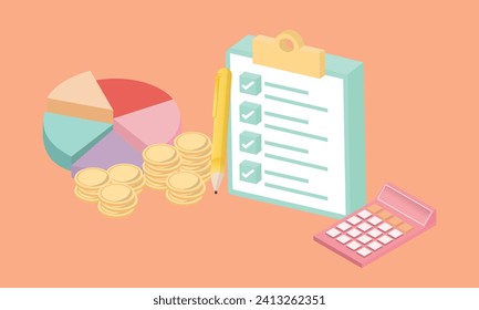 3D Financial Graphics Analysis Calculator und stapeln Münzen mit Checkmark auf Zwischenablage.3d Ziel für Unternehmen, Bank, Finanzen, Investitionen, Geldillustrationen.