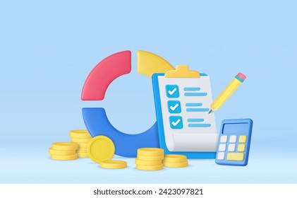 3d Financial graph economics analytics Calculator and stack coins with Checkmark on clipboard paper. information business document correct mark. 3d rendering. Vector illustration