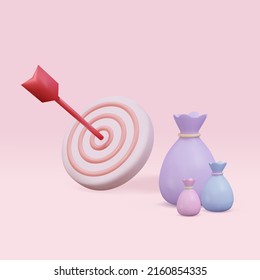 3d financial and Investment goals concept with dartboard, money bag, financial future planning. Vector illustration.