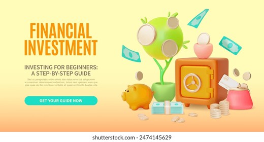 3d Financial Investment Investing for Beginners Guide Concept Ads Banner Poster Card. Vector illustration of Safe Deposit and Purse Wallet