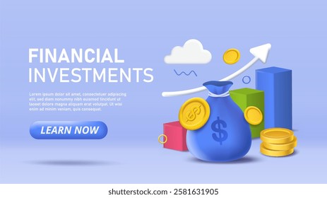 3D financial investments poster. Bag with money near growing graphs. Financial literacy and passive income. Economics and investing, trading. Landing webpage design. Isometric vector illustration