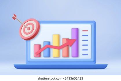 3D-Finanzberichtsdiagramm, Datenanalyse und Webentwicklungskonzept. Geschäftsstrategie. Landing-Page-Vorlage. Geschäftsanalyse, Content-Strategie. 3D-Rendering Vektorgrafik