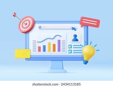 Gráfico de informe financiero 3d, análisis de datos y concepto de desarrollo web. Estrategia de negocio. Plantilla de página de destino. Análisis de negocio, estrategia de contenido. renderizado 3d. Ilustración de vector