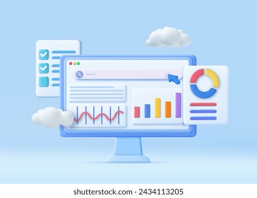 3D Financial report chart, SEO Optimization, web analytics and seo marketing concept. Business strategy. Landing page template. 3d rendering. Vector illustration