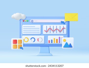 Gráfico de informes financieros 3D 3d, optimización SEO, análisis web y concepto de marketing seo. Estrategia de negocio. Plantilla de página de destino para web. renderizado 3d. Ilustración de vector