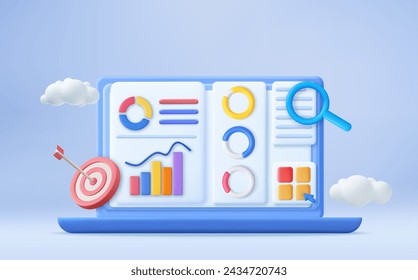 3D Financial report chart, SEO Optimization, web analytics and seo marketing concept. Business strategy. Landing page template. 3d rendering. Vector illustration