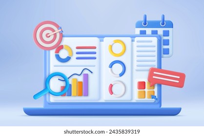 3D Financial report chart, SEO Optimization, web analytics and seo marketing concept. Business strategy. Landing page template. 3d rendering. Vector illustration