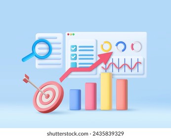 Gráfico de informes financieros 3D, optimización SEO, análisis web y concepto de marketing seo. renderizado 3d. Ilustración de vector