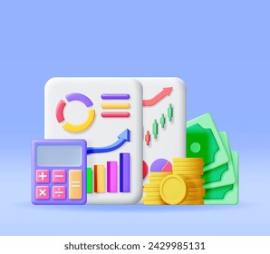 3D Financial Reports with Cash Money and Calculator. Render Stock Pie Shows Growth. Financial Data Analysis, Business Research, Financial Market Trade. Money and Banking. Vector Illustration