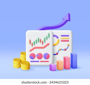 3D Financial Reports with Cash Money and Chart. Render Stock Pie Shows Growth. Financial Data Analysis, Business Research, Financial Market Trade. Money and Banking. Vector Illustration