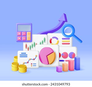 3D Financial Reports with Magnifying Glass and Calculator. Render Stock Pie Shows Growth. Financial Data Analysis, Business Research, Financial Market Trade. Money and Banking. Vector Illustration