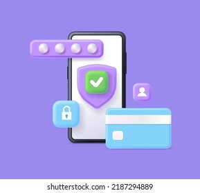 3D Financial Security Concept, Online Payment Protection, Online Transaction, Online Banking And Shopping Concept. Financial Security For Online Shopping. 3d Vector Illustration