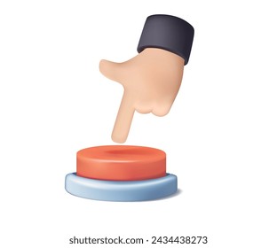 3D Finger pressing, pushing emergency button. Hand turning on and off, starting and stopping, calling for help. Clicking, switching action. 3D graphic vector illustration isolated on white background