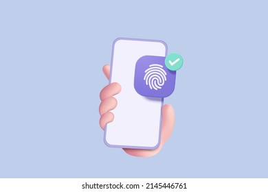 3d fingerprint cyber secure in hand holding mobile phone icon. finger digital security concept. 3d icon finger scan for authorization, identity. 3d fingerprint scan sign vector render illustration