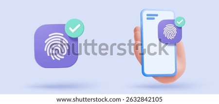 3d fingerprint cyber secure in hand holding mobile phone. Digital security concept. finger scan for authorization, identity. 3d fingerprint scan sign vector render illustration on blue background