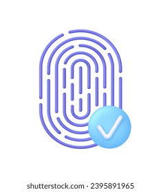 3D Fingerprint icon with check mark. Fingerprint scanning. The concept of biometric authorization and business security. Trendy and modern vector in 3d style.