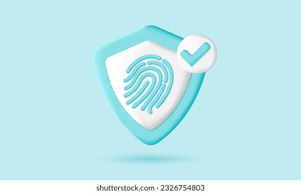 3d fingerprint icon. Data protection shield. Internet security, fingerprint scanner, firewall.