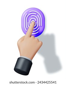 3D Fingerprint Icon and Hand Isolated. Render Finger Print Symbol. Identification and Authorization System. Fingerprint for ID, Passport, Applications. Finger Print Biometric Scan. Vector Illustration