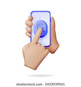 3D Fingerprint on Mobile Phone Isolated. Render Finger Print and Smartphone. Identification and Authorization System. Fingerprint for ID, Passport, Application, Biometric Scan. Vector Illustration