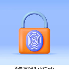 3D Fingerprint on Padlock Isolated. Render Pad Lock with Finger Print Icon. Identification and Authorization System. Fingerprint for ID, Passport, Applications. Biometric Scan. Vector Illustration