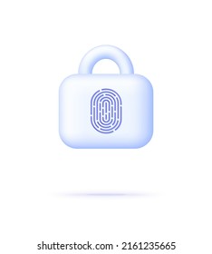 3D Fingerprint padlock isolated on white background. Lock icon. Finger print scan sign. Biometric identity symbol. Can be used for many purposes. Trendy and modern vector in 3d style.