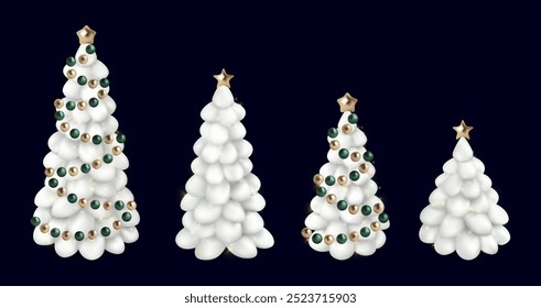 3d fir tree with shiny light garland gold white. Happy new year 2025 noel set. Vector Merry Xmas metal modern design isolated. Spiral green pine with glass balls and star. Abstract forest snowy cone