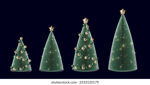 abeto 3d com luz brilhante guirlanda ouro branco. Feliz ano novo 2025 noel set. Vetor Merry Xmas metal design moderno isolado. Pinho verde espiral com bolas de vidro e estrela. Cone de neve florestal abstrato