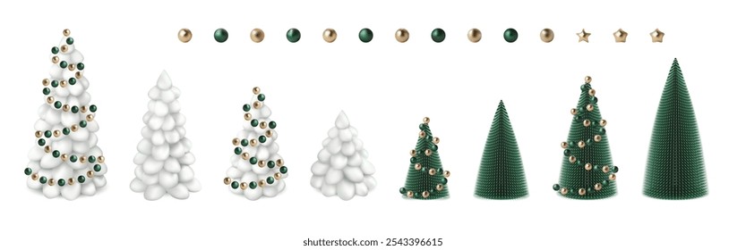 3d fir tree with shiny light garland gold white. Happy new year 2025 noel set. Vector Merry Xmas metal modern design isolated. Spiral green pine with glass balls and star. Abstract forest snowy cone