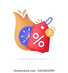 3D Fire and Discount offer tag icon. Hot sale concept. Sales with an excellent offer. Black Friday discount banner or coupon. Special offer promotion. Trendy and modern vector in 3d style