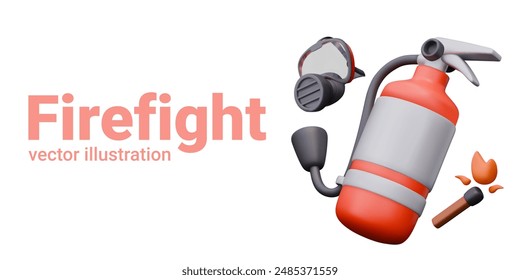 3D fire extinguisher, respirator, lit match. Vector set on white background